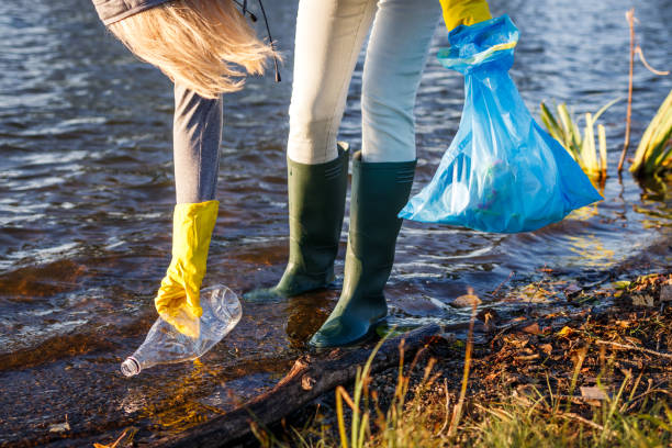 istock Volunteer picking up plastic bottle from polluted lake or river 1353826579