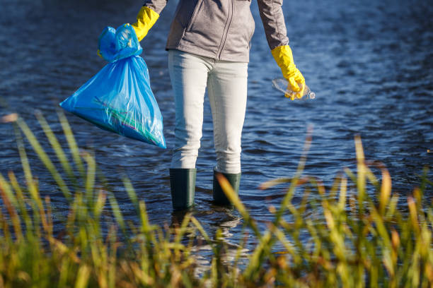 istock Volunteer picking up plastic bottle from polluted lake 1353826601