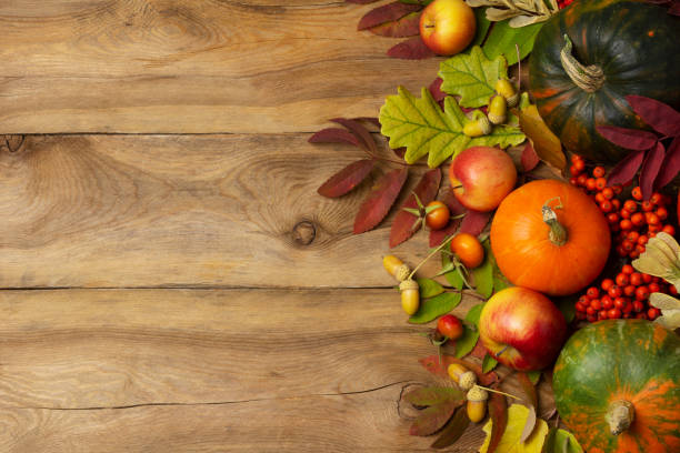 Fall green, orange pumpkins, rowan on the rustic wooden background