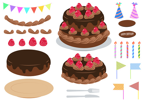 Birthday chocolate cake material set illustration