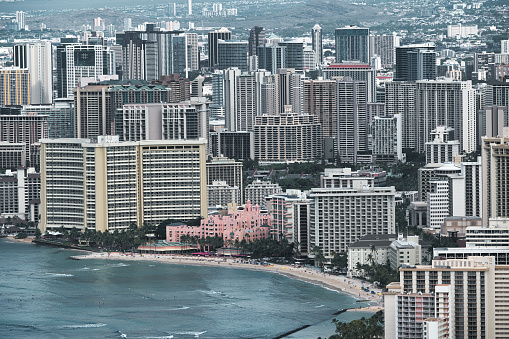 Hotels and coastline on Waikiki beach in Honolulu, Oahu