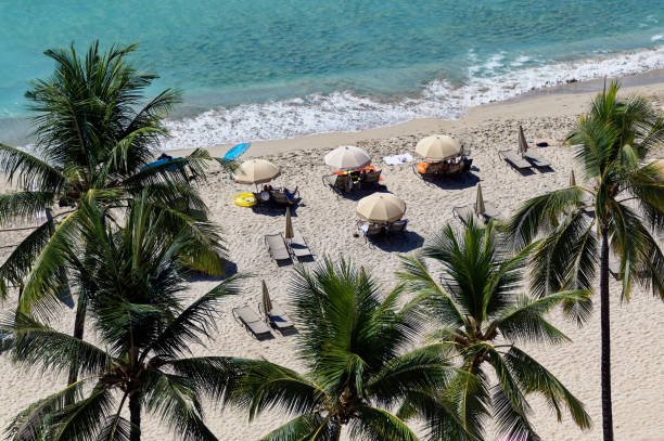 istock Beach umbrellas on tropical island 1353828841