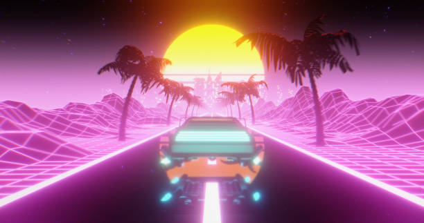 istock Flying car driving through a Retrowave landscape 1353831127