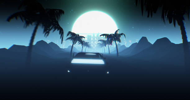istock Flying car driving through a Retrowave landscape 1353831128