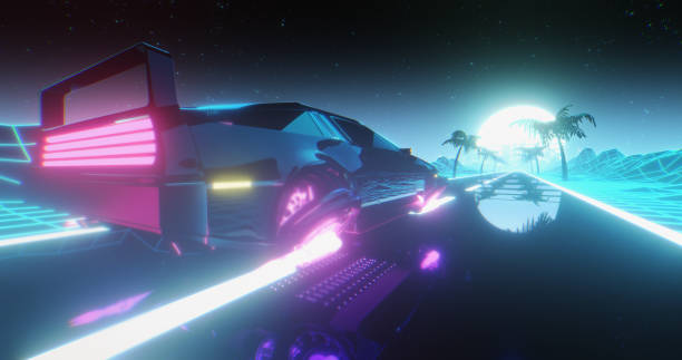istock Flying car driving through a Retrowave landscape 1353831130