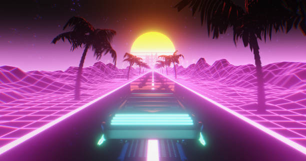 istock Flying car driving through a Retrowave landscape 1353831134