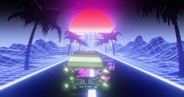 istock Flying car driving through a Retrowave landscape 1353831135