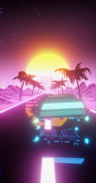 istock Flying car driving through a Retrowave landscape 1353831136