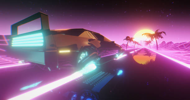 istock Flying car driving through a Retrowave landscape 1353831139
