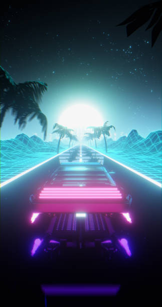 istock Flying car driving through a Retrowave landscape 1353831152