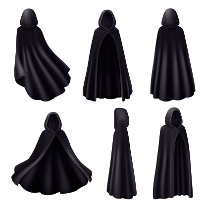 Black mantle hood realistic set with isolated images of dark robes monk dress on blank background vector illustration