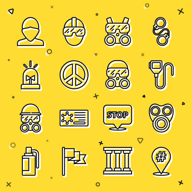 istock Set line Protest, Gas mask, Walkie talkie, Peace, Flasher siren, Vandal and icon. Vector 1353833099