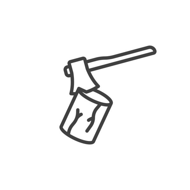 Linear icon ax chops firewood. A simple image of an ax in a log. Isolated vector on pure white background. Linear icon ax chops firewood. A simple image of an ax in a log. Isolated vector on pure white background axe stump stock illustrations