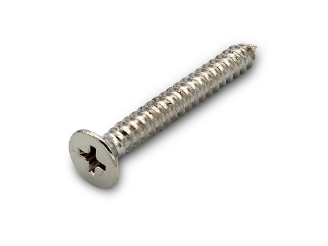 close image of steel tapping screws, metal screw, iron screw, chrome screw, screws in the background, wood screw, path On a white background, a screw is isolated.