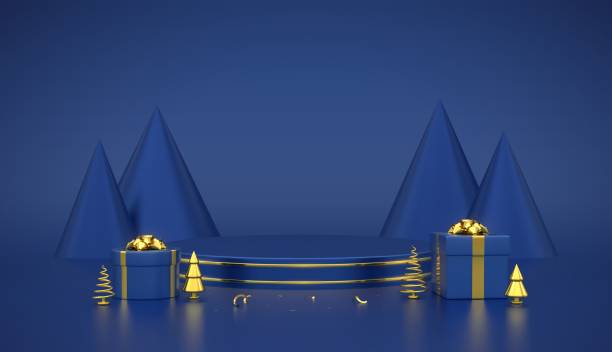 istock Blue round podium. Scene and 3D platform with gold circle on blue background. Blank Pedestal with gift boxes with golden bow and golden metallic pine, cone shape spruce trees. Vector illustration. 1353834220