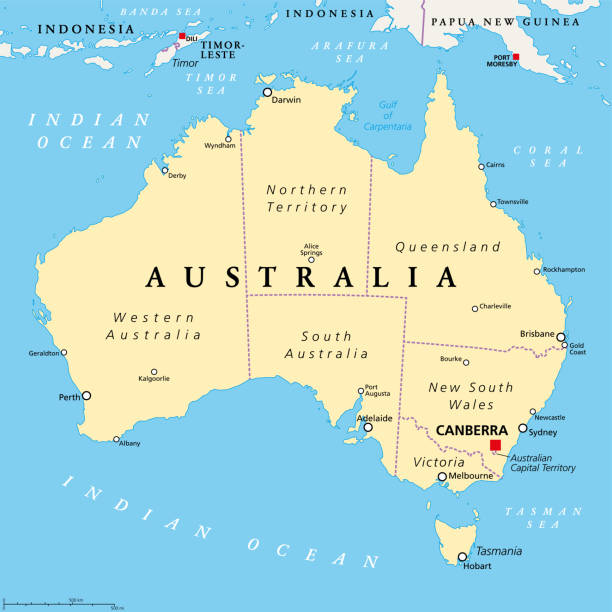 Australia, political map with internal administrative boundaries Australia, political map, with the capital Canberra, internal administrative boundaries, and most important cities. Officially the Commonwealth of Australia, a sovereign country. Illustration. Vector. australia cartography map queensland stock illustrations