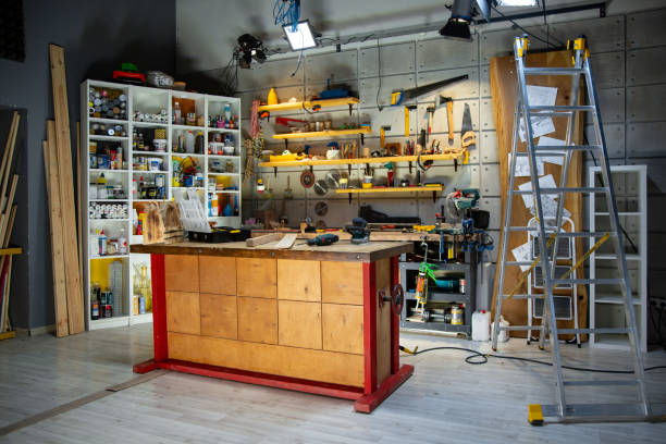 carpentry workshop equipped with the necessary tools stock photo