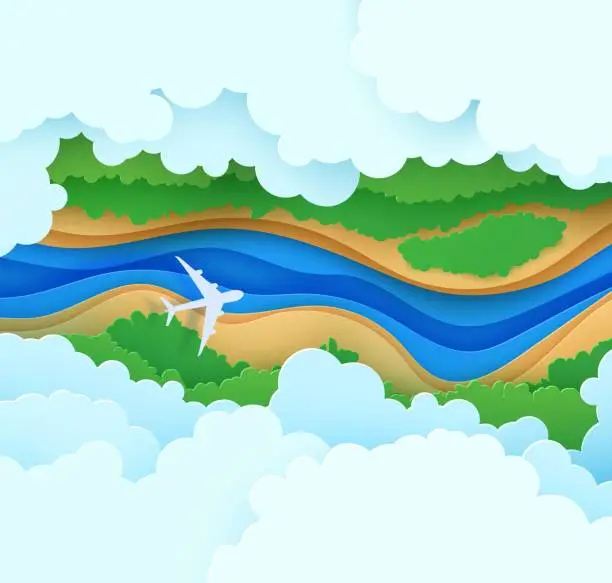 Vector illustration of Top view cloudy landscape in paper cut style. Aerial view 3d background with airliner river forest and land. Vector papercut illustration of creative concept idea environment conservation and nature.