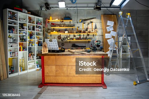 istock carpentry workshop equipped with the necessary tools 1353836445