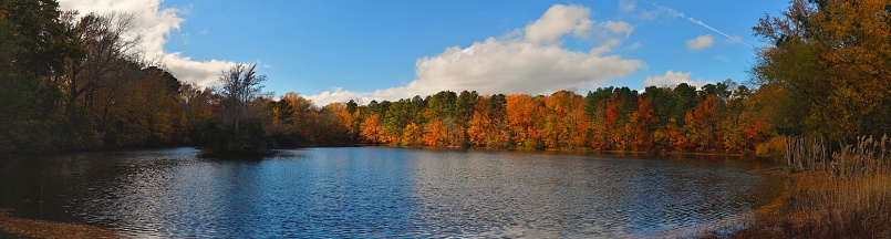 Pretty blue lake with trees in autumn color and a small island on a bright morning