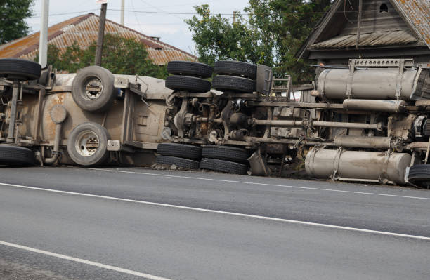 A view of an overturned truck on an highway in an accident. stock photo