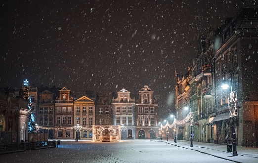 Poznan, Poland: Snowing at the Old Town square