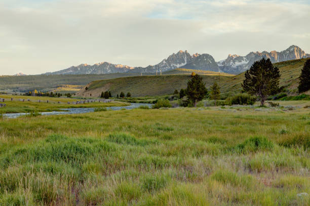 пилообразные горы и река лосось. - idaho mountains стоковые фото и изображения