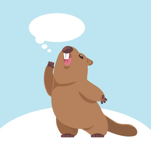 ilustraciones, imágenes clip art, dibujos animados e iconos de stock de marmota anuncia. nube de voz. - groundhog day