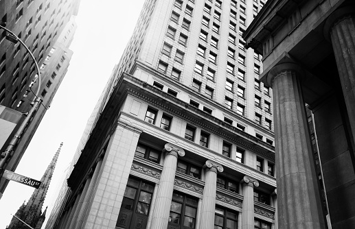 Corporate finance buildings, Wall Street, Lower Manhattan, NYC.