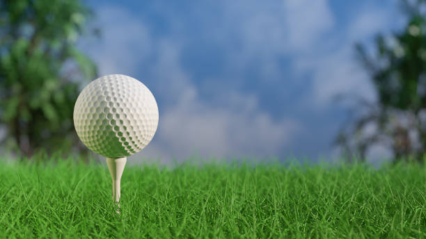 istock Close up view Golf ball on tee on green grass 3D Rendering 1353850772