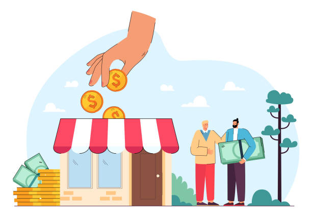 Hand giving money to entrepreneurs and local shopkeepers Hand giving money to entrepreneurs and local shopkeepers. Tiny people shop owners receiving loan flat vector illustration. Small business support, collateral and financial help, subsidy concept small business stock illustrations