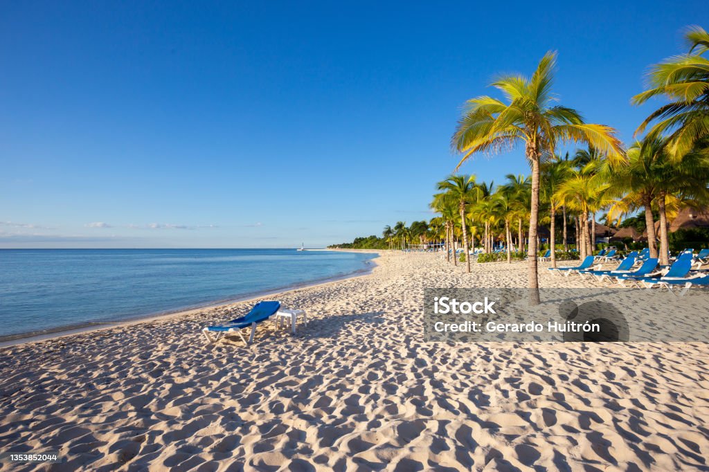 Cozumel beach in Mexico Cozumel beach in Mexico with sunlight. Turquoise blue sea and clean beach without people. Cozumel Stock Photo