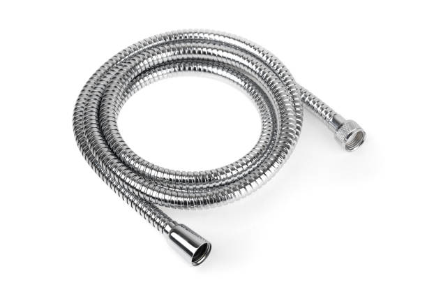istock Shower hose on a white background. Silver shower hose close-up. 1353857437