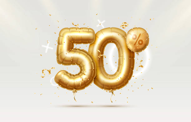 50 Off. Discount creative composition. 3d Golden sale symbol with decorative objects, heart shaped balloons, golden confetti, podium and gift box. Sale banner and poster. Vector 50 Off. Discount creative composition. 3d Golden sale symbol with decorative objects, heart shaped balloons, golden confetti, podium and gift box. Sale banner and poster. Vector illustration. number 50 stock illustrations