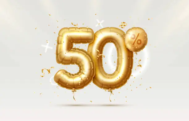 Vector illustration of 50 Off. Discount creative composition. 3d Golden sale symbol with decorative objects, heart shaped balloons, golden confetti, podium and gift box. Sale banner and poster. Vector