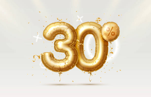 istock 30 Off. Discount creative composition. 3d Golden sale symbol with decorative objects, heart shaped balloons, golden confetti, podium and gift box. Sale banner and poster. Vector 1353859092
