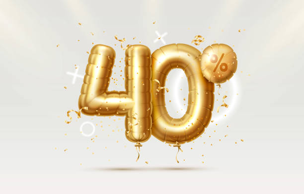istock 40 Off. Discount creative composition. 3d Golden sale symbol with decorative objects, heart shaped balloons, golden confetti, podium and gift box. Sale banner and poster. Vector 1353859093
