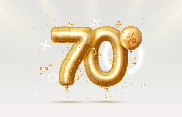istock 70 Off. Discount creative composition. 3d Golden sale symbol with decorative objects, heart shaped balloons, golden confetti, podium and gift box. Sale banner and poster. Vector 1353859095