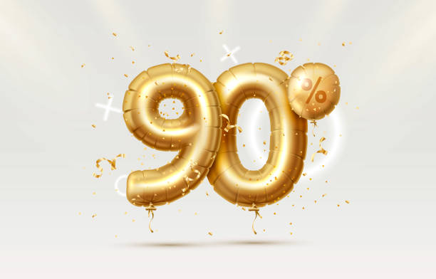 istock 90 Off. Discount creative composition. 3d Golden sale symbol with decorative objects, heart shaped balloons, golden confetti, podium and gift box. Sale banner and poster. Vector 1353859098