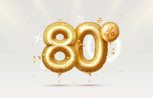 istock 80 Off. Discount creative composition. 3d Golden sale symbol with decorative objects, heart shaped balloons, golden confetti, podium and gift box. Sale banner and poster. Vector 1353859099