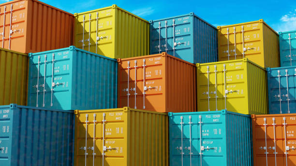 Stack of blue yellow orange shipping containers box, Cargo freight supply chain stock photo