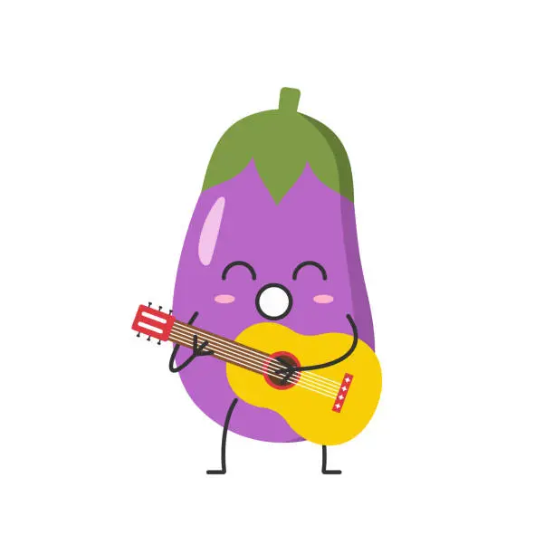 Vector illustration of Eggplant plays the guitar sings cute character cartoon face smiling happy joy emotions vegetable aubergine icon children's vector illustration.