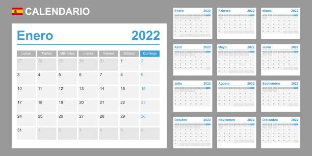 hiszpański kalendarz na 2022 rok. tydzień rozpoczyna się w poniedziałek. prosty szablon wektorowy. planista biznesowy. - calendar september personal organizer event stock illustrations