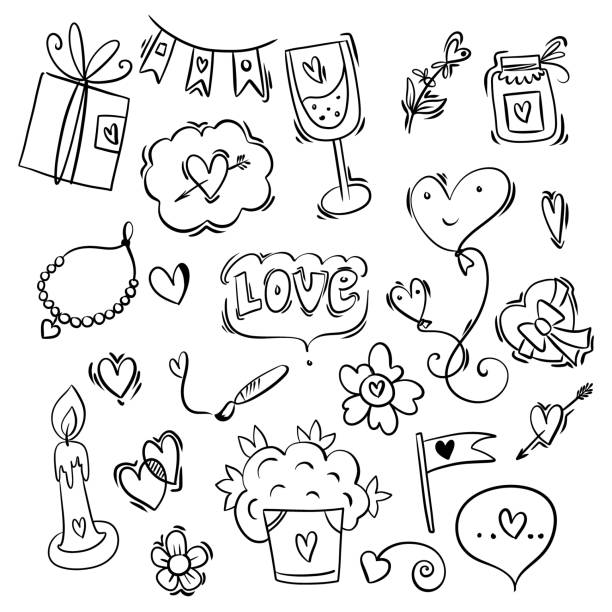 istock Valentine's Day set of symbols.Calligraphy. Vector illustration. Black  on white background. set of hand lettering wedding invitation and romantic 1353859622