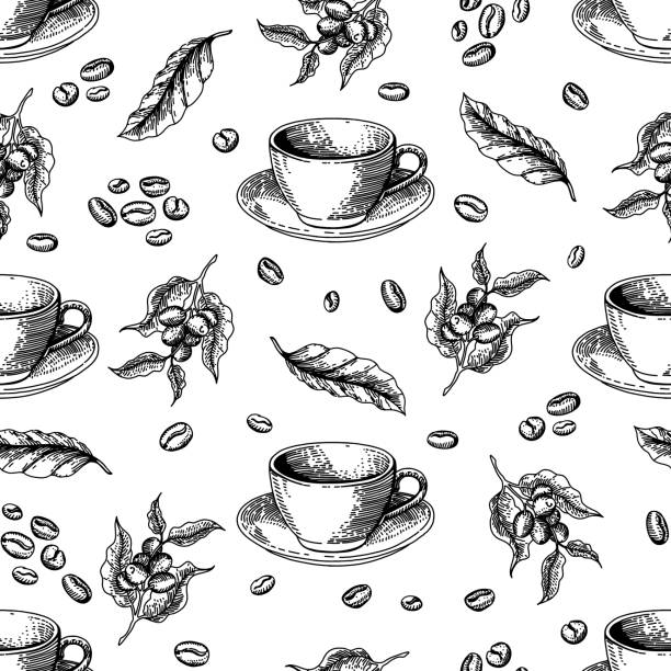 illustrations, cliparts, dessins animés et icônes de motif sans couture avec du café. gravure vintage noire dessinée à la main - coffee aromatherapy black black coffee