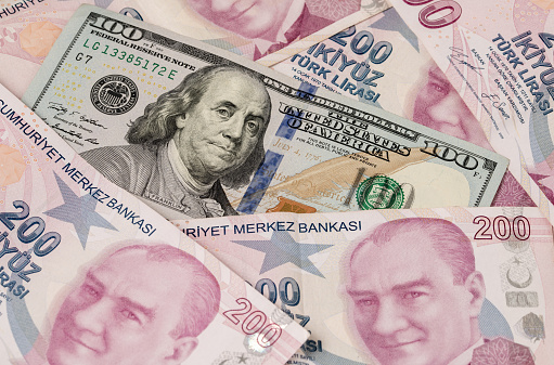 3d render 100 Turkish Lira Back coming out of the printing press (depth Of Field)