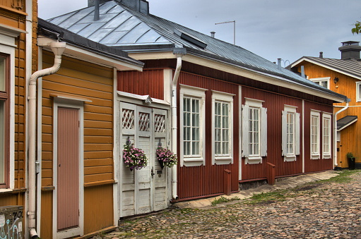 Wooden colourful houses in the medieval village of Porvoo in Finland