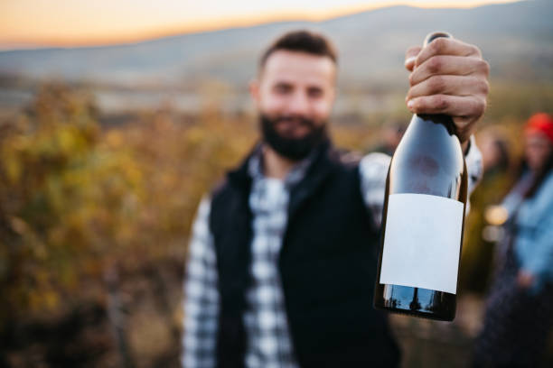 the young owner of the winery holds a bottle of wine - aging process french culture winemaking next to imagens e fotografias de stock