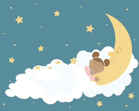 Little girl sleeping in a bed of clouds on the moon with cute stars