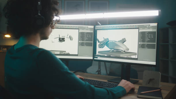 istock Male freelancer rendering 3D model of aircraft 1353864394